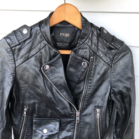 Maje Leather Jacket Black Lamb Moto Biker Zippers - Picture 3 of 8